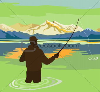 Fly fishing with mountains in the background