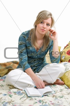 woman is reading book