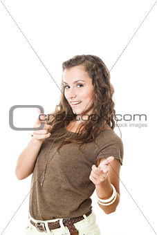 young female pointing at you