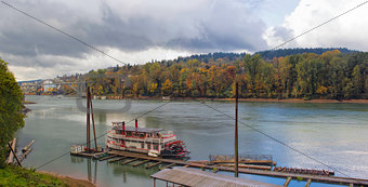 Historic Sternwheeler Docked Along Willamette River in Fall