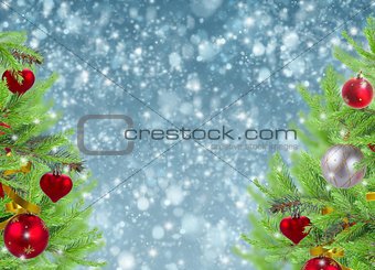 christmas  frame with fir tree and snow
