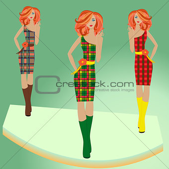 Fashion models posing on podium in different checkered dresses