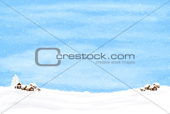 Winter background with houses and deer