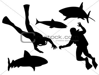 Scuba Divers and Sharks Silhouette