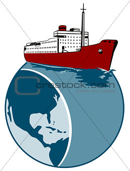 Passenger Cargo Ship on Top of Globe