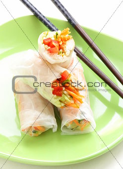 spring rolls with vegetables and chicken on a plate