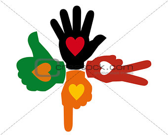 Four multi-colored hands