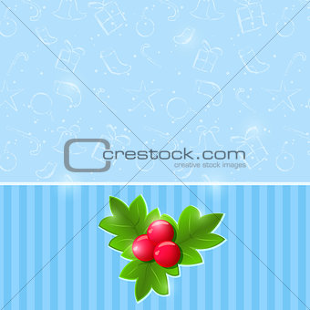 Blue Christmas Invitation Card with Green Leaf and Red Berries O