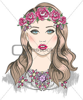 Young girl fashion illustration. Girl with flowers in her hair