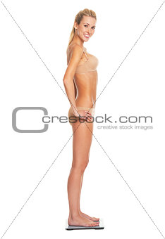 Full length portrait of happy young woman in lingerie standing o