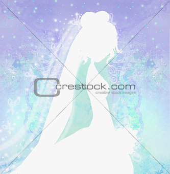 Elegant bride in big white dress - silhouettes illustration
