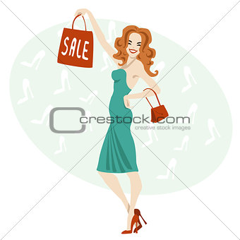 colored background with a woman in a dress