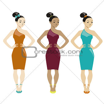 three women in dresses on white background