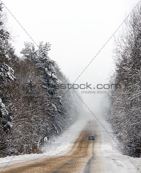 Winter road and the forest in snow