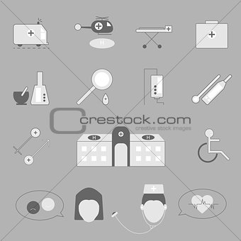 Hospital and emergency icons on gray background