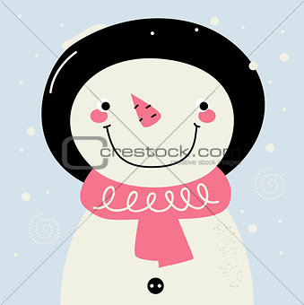 Cute retro Snowman with pink Scarf on snowing background