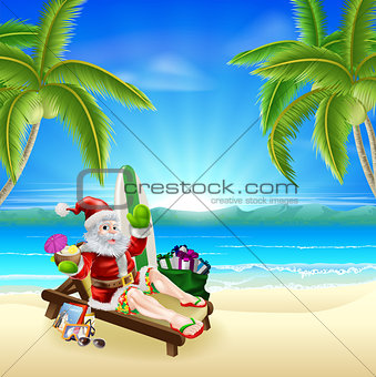 Santa Relaxing on Hot Sunny Beach