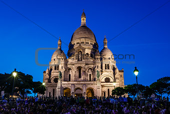 Sacre Coeur Cathedral on Montmartre Hill at Dusk, Paris, France