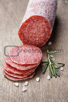 italian salami sausage slices with rosemary and sea salt
