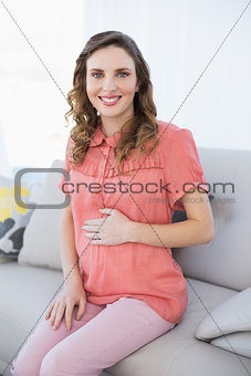 Beautiful pregnant woman sitting on a couch in the living room at home