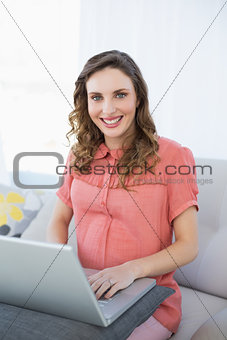 Beautiful pregnant woman working with her notebook sitting on a couch in the living room