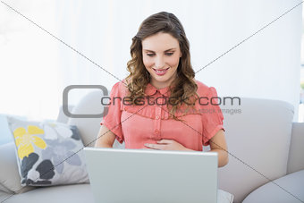 Content pregnant woman using her notebook sitting on couch in the living room
