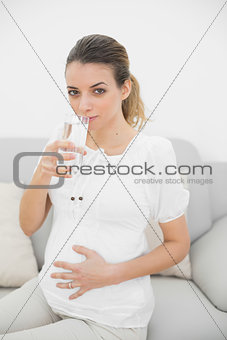 Beautiful pregnant woman touching her belly drinking a glass of water