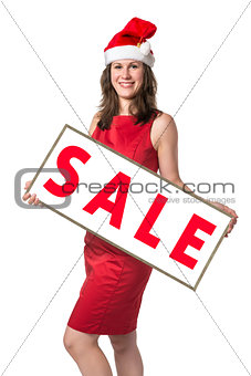 Santa Claus woman with Sale board