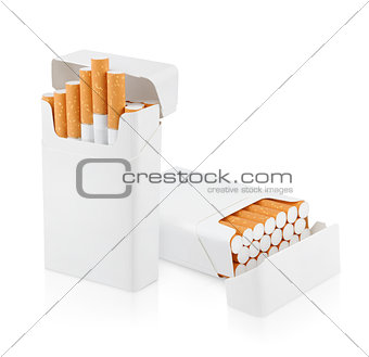 Open pack of cigarettes on white