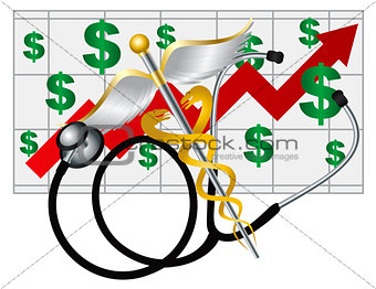 Stethoscope Caduceus with Health Cost Rising Chart