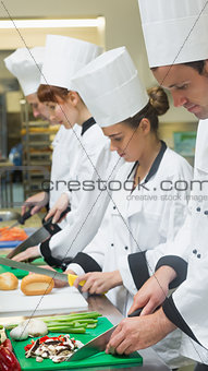 Chefs standing in a row cutting vegetables