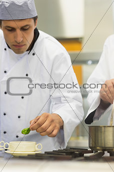 Young male chef garnishing a bowl soup