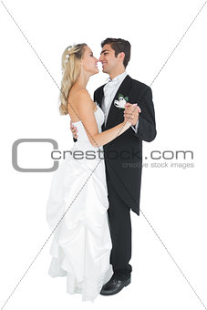 Happy married couple dancing viennese waltz