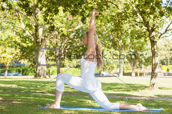 Beautiful ponytailed woman stretching in a yoga pose