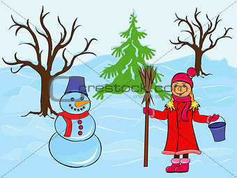 Child girl and snowman in wintertime