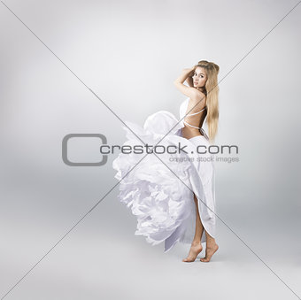 Blonde Woman in White Peony Flower Dress