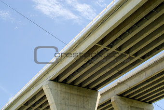 Underside of highway bridges on blue sky