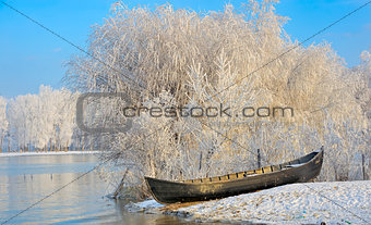 Frosty winter trees and boat