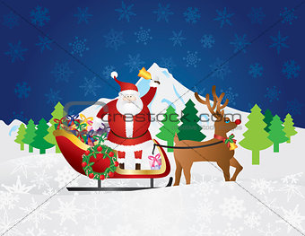Santa Claus on Reindeer Sleigh with Presents Night Snow Scene
