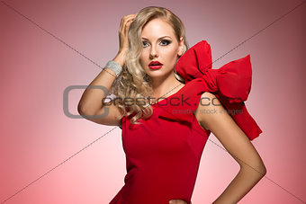young sexy blond in red dress