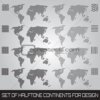Set of halftone continents for design