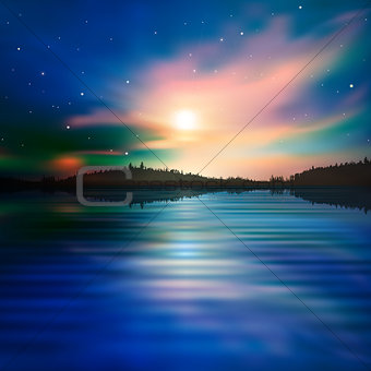 abstract background with forest lake and sunrise