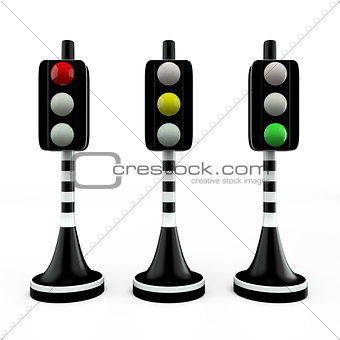 Three trafficlights, red, yellow, green