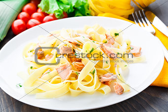 Delicious fettuccini with salmon