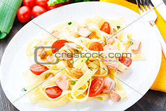 Delicious fettuccini with salmon and tomatoes