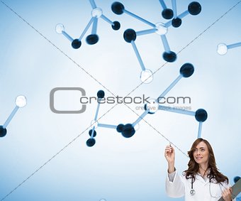 Happy doctor holding clipboard and pointing at 3d molecules