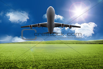 3D plane taking off over grassland