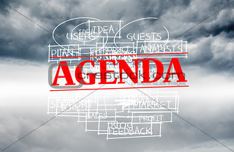 Agenda stamped over words written on sky background