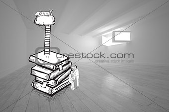 Two men climbing books in white room