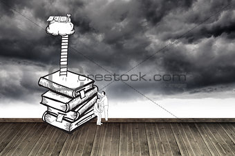 Two men climbing books over stormy sky